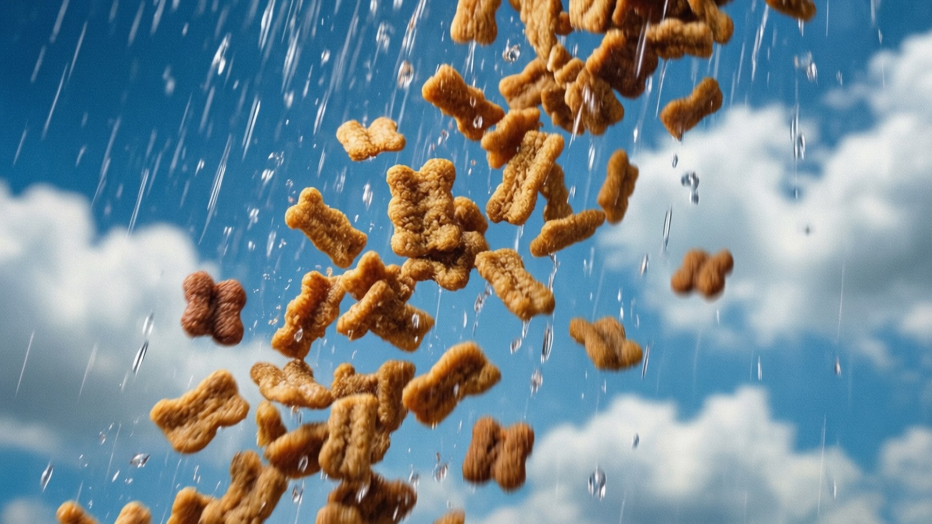 金色熊形穀物片穿過雨滴，在藍天白雲中落下