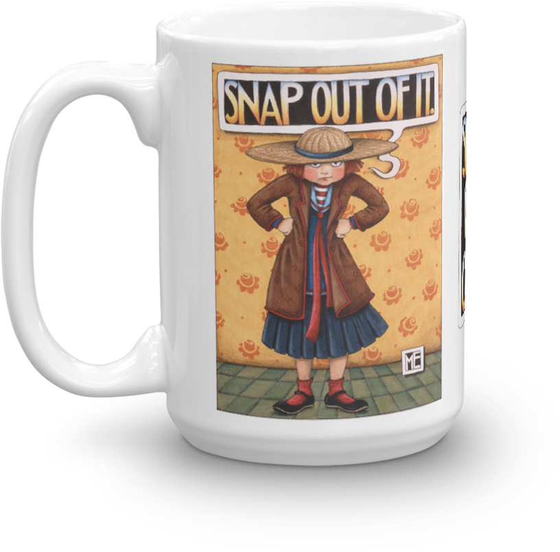 Snap Out Of It 咖啡杯 壁紙 — 一個白色陶瓷杯展示一個戴帽子和外套的插圖女孩，上方有文字「SNAP OUT OF IT!」。