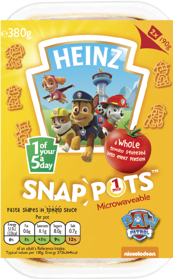 亨氏Snap Pots搭配汪汪隊立大功意麵 壁紙 — Heinz Snap Pots 番茄醬意粉，包裝上印有 Paw Patrol 角色，採用亮黃色包裝。