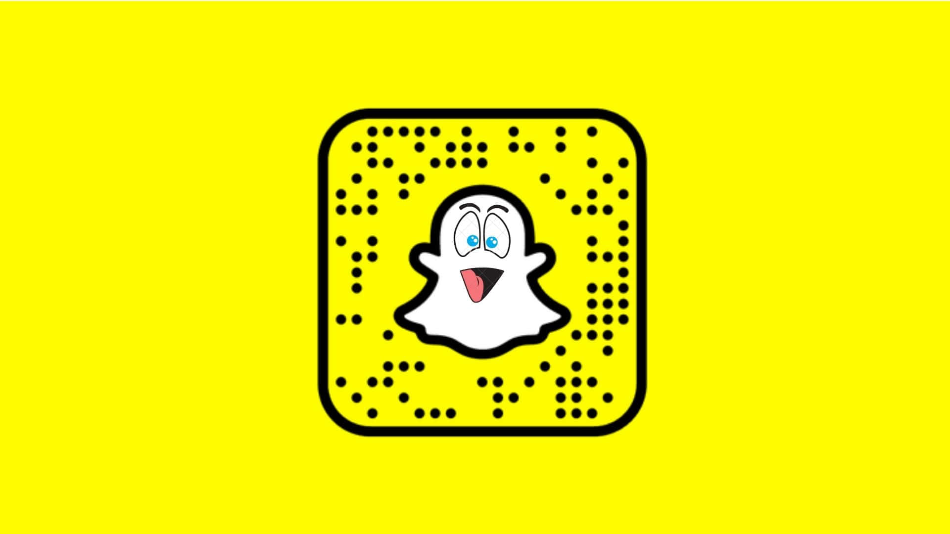 看看你能在Snapchat上創造多少回憶！ 壁紙 — 一個快樂的白色鬼魂吉祥物，藍色眼睛和粉紅色舌頭，位於黑色邊框的黃色正方形QR碼中央。