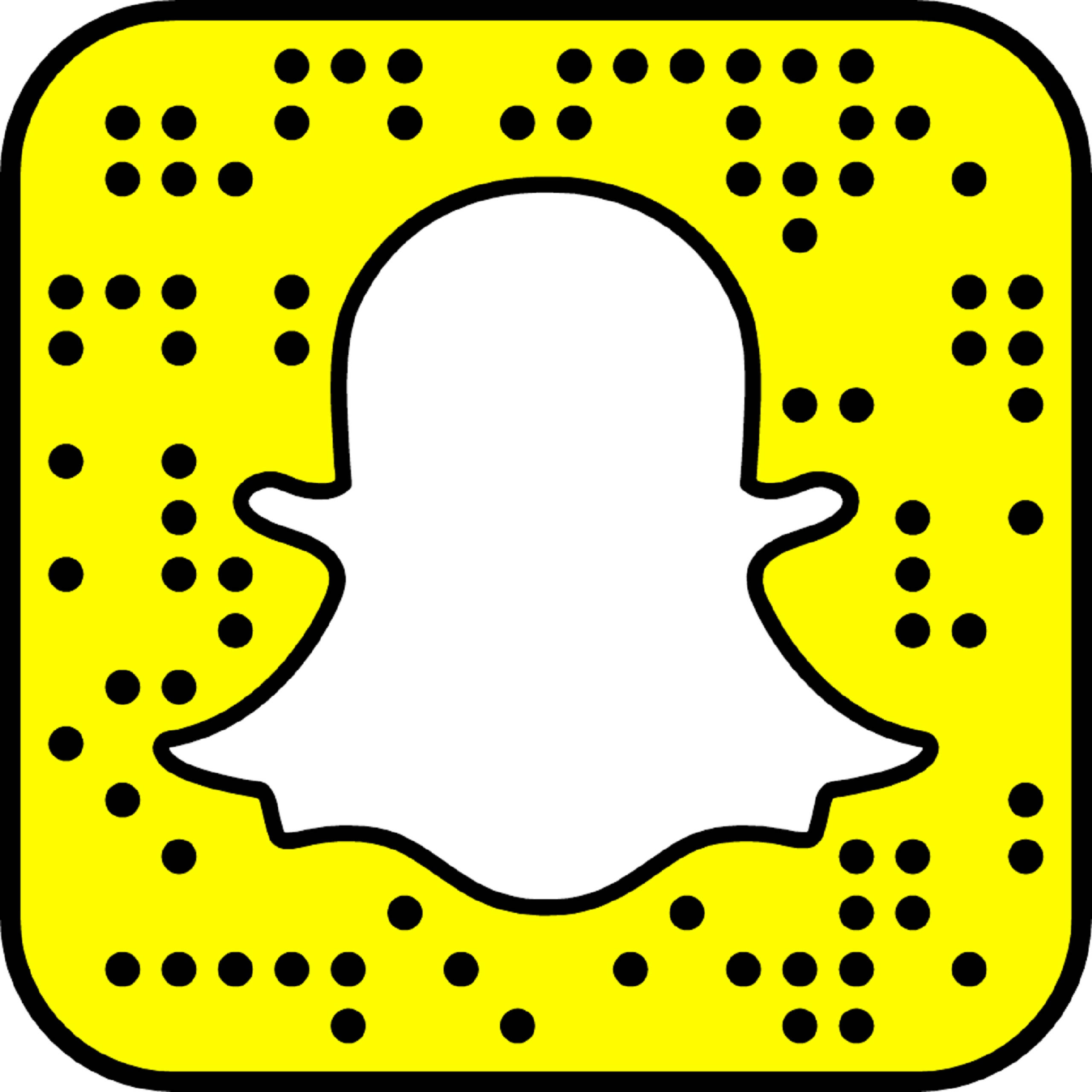 Snapchat For Business QR 碼 壁紙 — 一個亮黃色正方形，帶有黑色圓點和白色鬼魂輪廓，居中於黑色邊框內。
