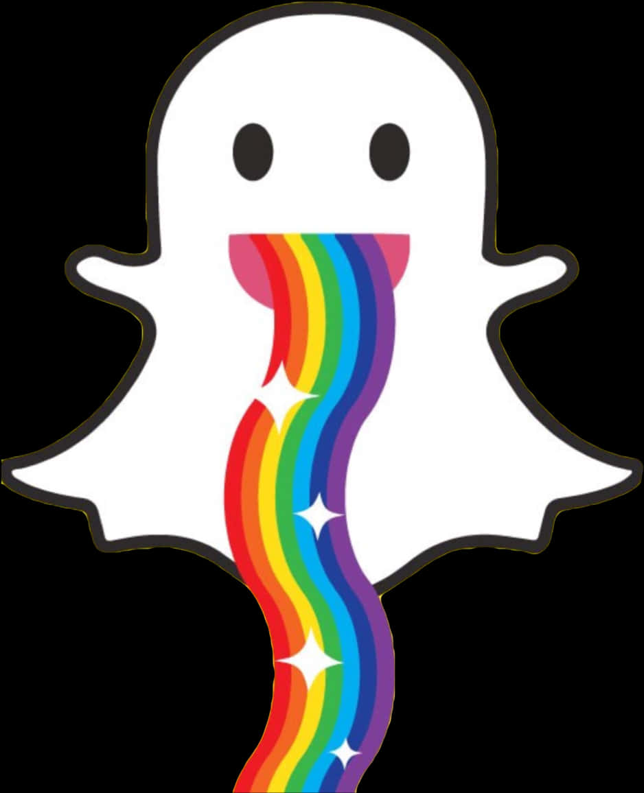 Snapchat彩虹尾跡幽靈標誌 壁紙 — 一個白色卡通鬼魂，嘴裡流出彩虹流和閃光，背景為黑色。