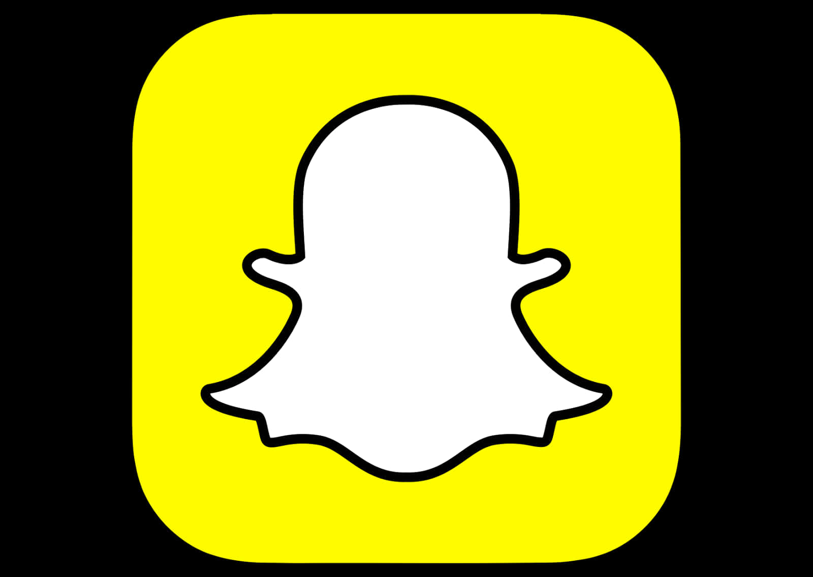 Snapchat標誌幽靈輪廓 壁紙 — 一個明亮的黃色方形圖標，在黑色背景上有白色鬼魂輪廓。
