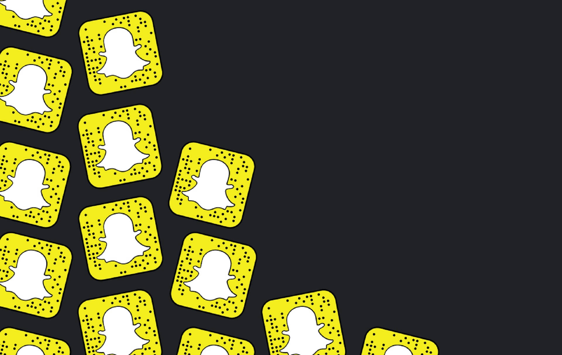 Snapchat QR 碼標誌 壁紙 — 黃色Snapchat鬼魂圖標，帶有圓點圖案，在深色背景上對角排列。