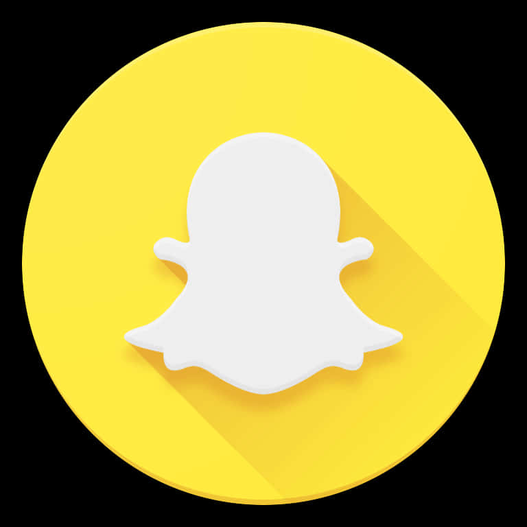 Snapchat黃色背景標誌 壁紙 — 一個白色鬼魂圖標，帶有長陰影，位於亮黃色圓形背景中央，背景為黑色。