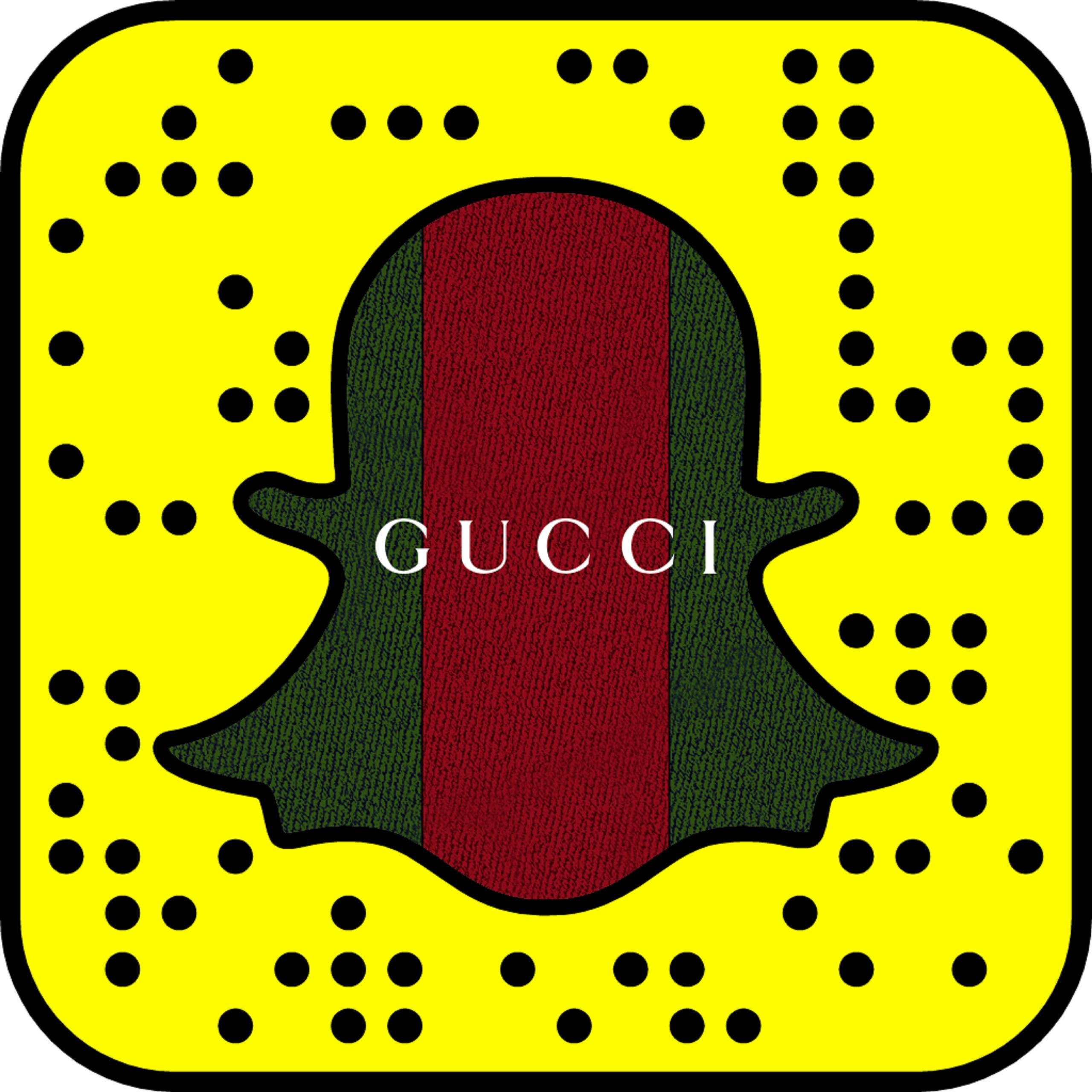 Snapchat 故事 Gucci 圖標 壁紙 — 一個帶有Gucci標誌的Snapchat QR碼，紅色和綠色條紋，黃色背景上有黑色圓點。