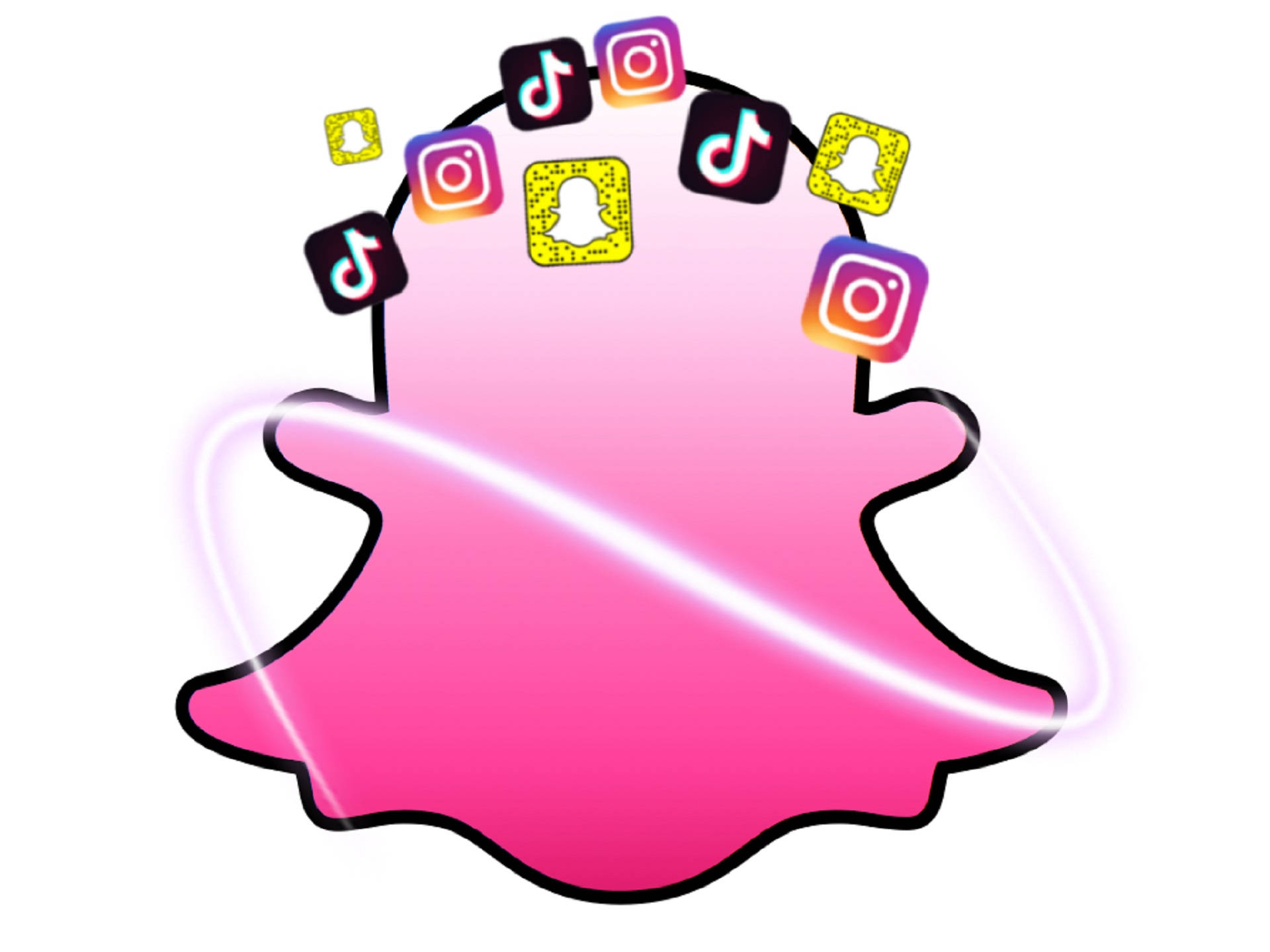 Snapchat 與 TikTok Instagram 藝術 壁紙 — 一個充滿活力的粉紅色Snapchat鬼魂，周圍有發光的白色能量漩渦，被浮動的社交媒體應用圖標包圍。