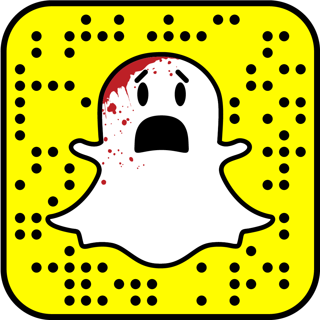 Snapchat幽靈QR碼 壁紙 — 一個卡通鬼魂頭上有血跡，在黃色圓點背景前顯得很震驚。