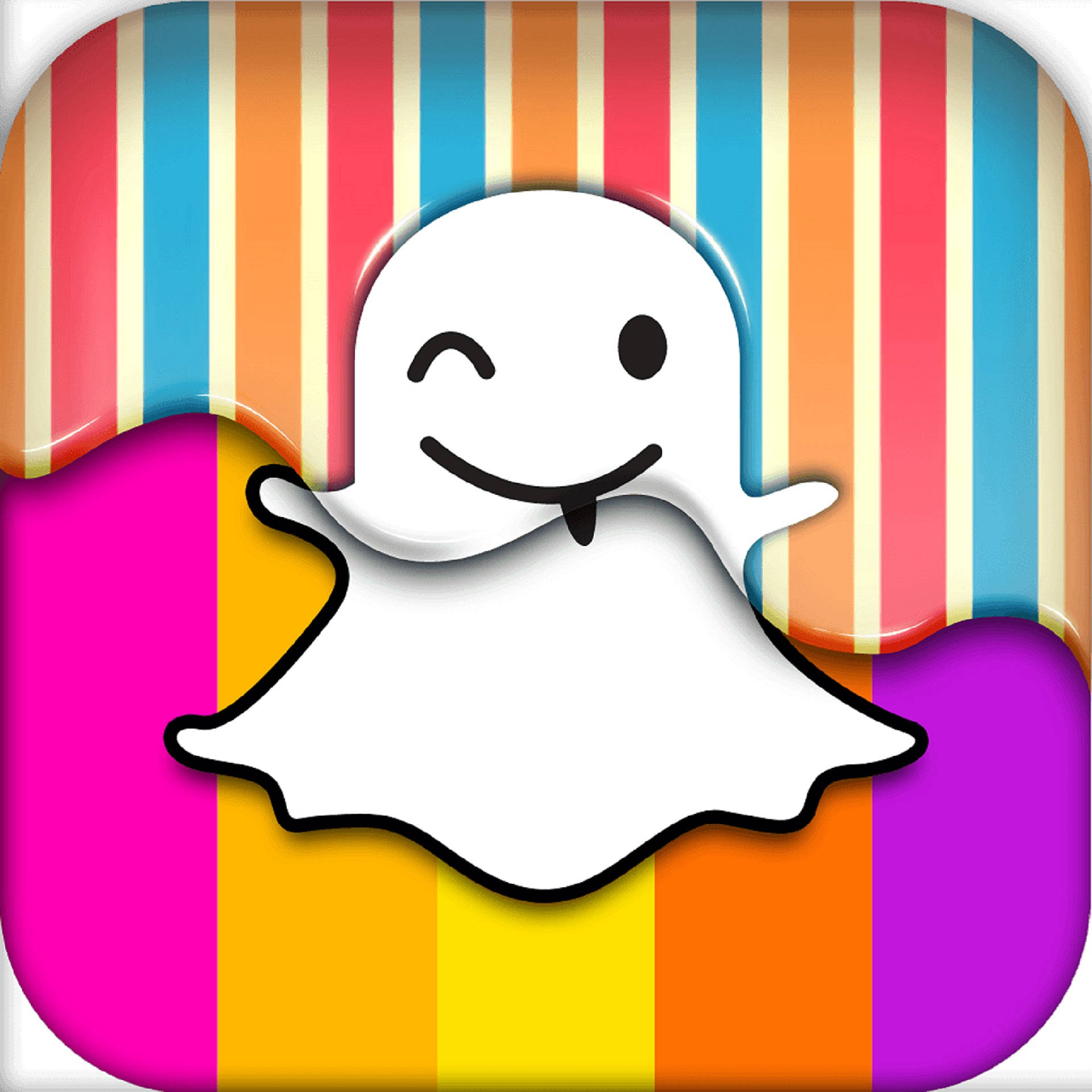 Snapchat圖標自訂皮膚 壁紙 — 一個笑容燦爛的卡通鬼魂從色彩繽紛的條紋背景中出現。