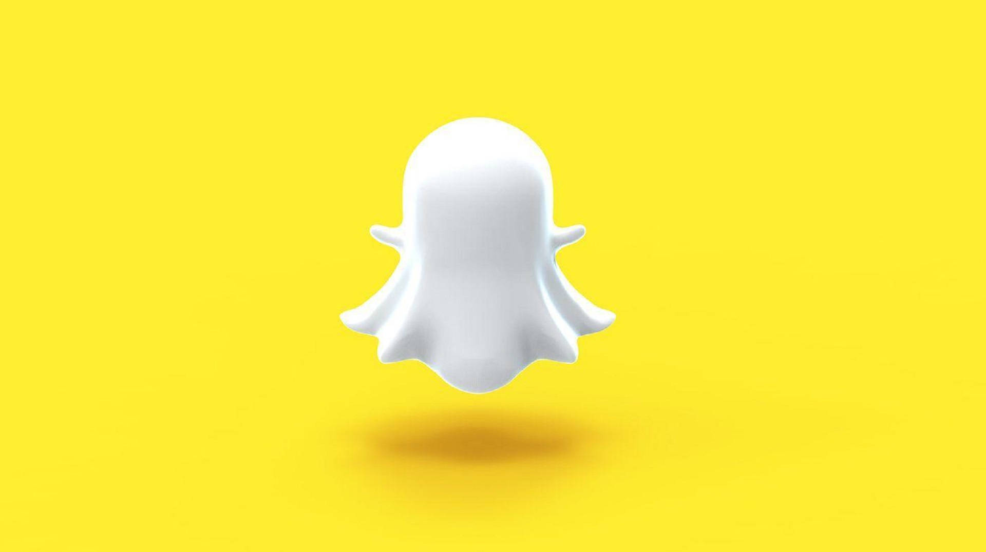 Snapchat幽靈3D標誌藝術 壁紙 — 一個白色鬼魂標誌漂浮在明亮的黃色背景上，帶有柔和陰影。