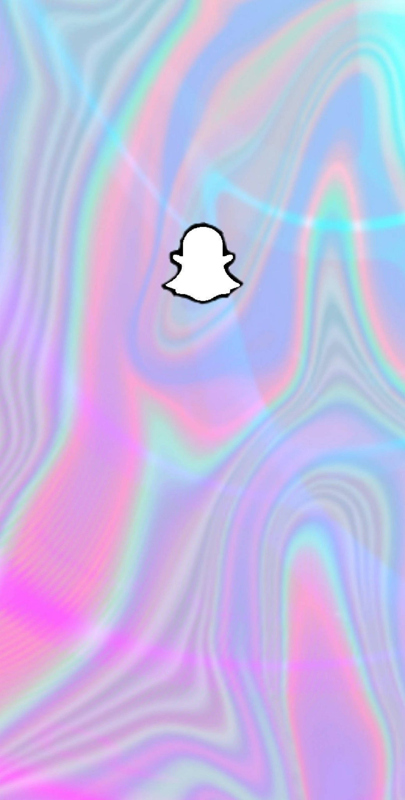 Snapchat抽象柔粉風格 壁紙 — 一個白色Snapchat鬼魂圖示漂浮在粉紅、藍色和紫色漩渦虹彩背景上。