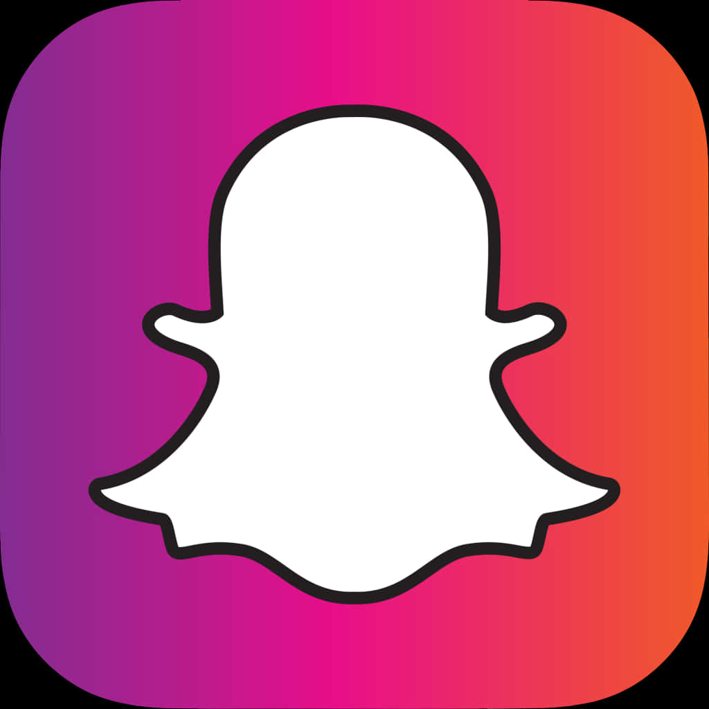 Snapchat漸層背景標誌 壁紙 — 一個白色鬼魂圖示，帶黑色輪廓，置於充滿活力的紫色到橙色漸變背景中央。