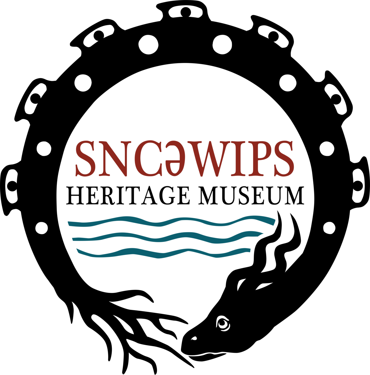 Sncawips 遺產博物館標誌 壁紙 — 黑色背景上帶有青綠色波浪線的粗體紅色文字 SNC@WIPS。