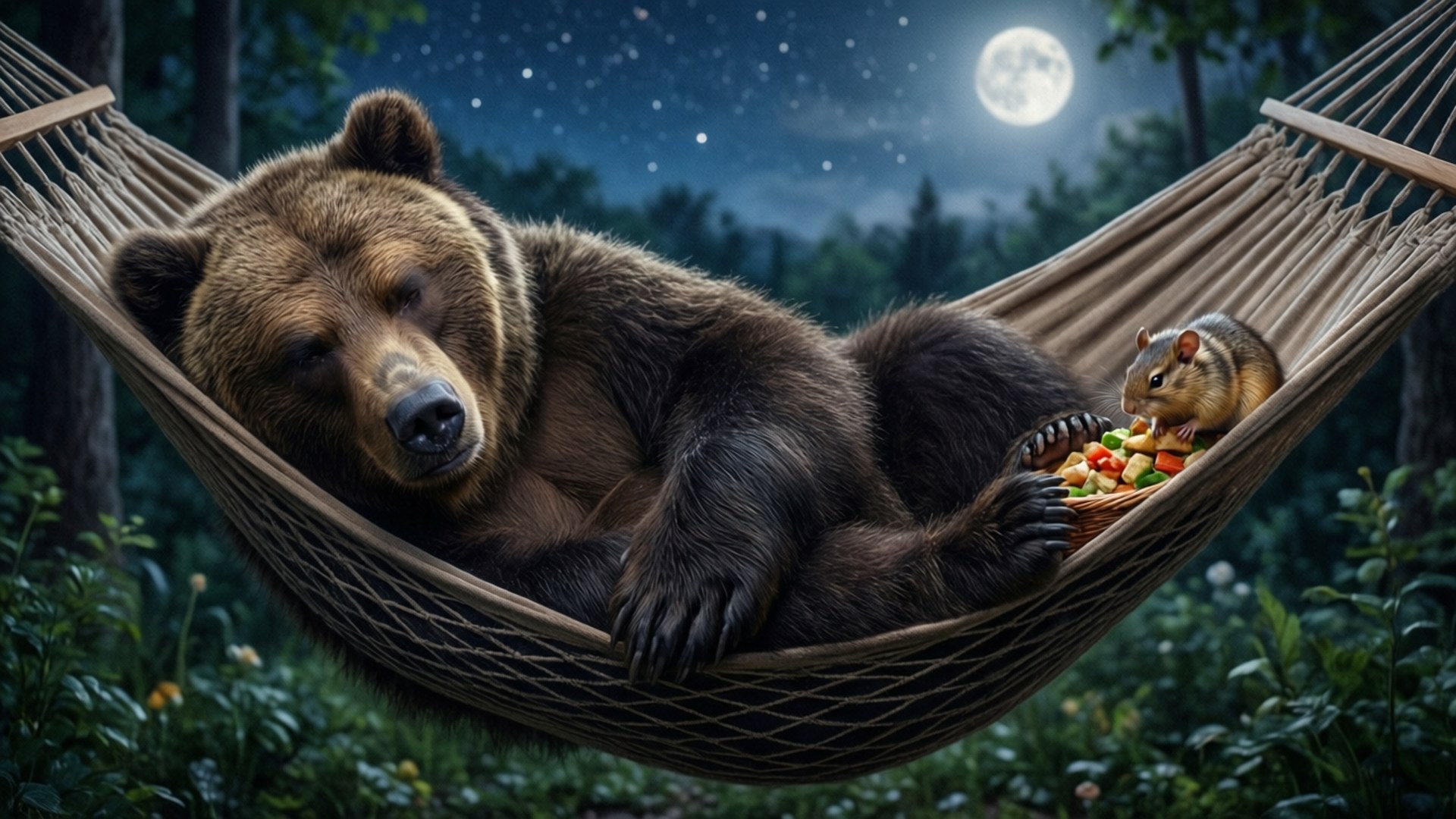 一隻棕熊在夜間睡在吊床上，一隻小齧齒動物在滿月下附近吃水果。