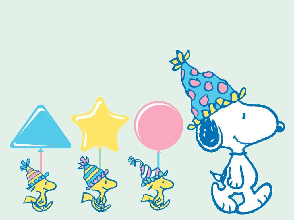 Snoopy Desktop 桌布 壁紙 — 史努比和三隻黃色小鳥朋友戴著派對帽，在柔和的薄荷色背景上與彩色氣球一起漂浮。