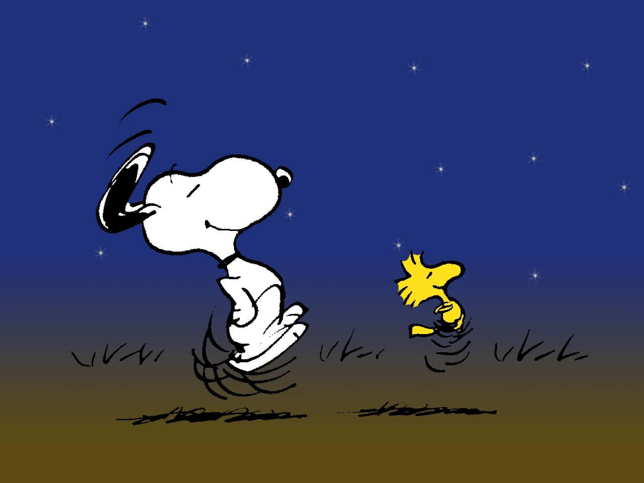 Snoopy Desktop 桌布 壁紙 — 史努比和胡士托在深藍色的夜空下仰望閃爍的星星。