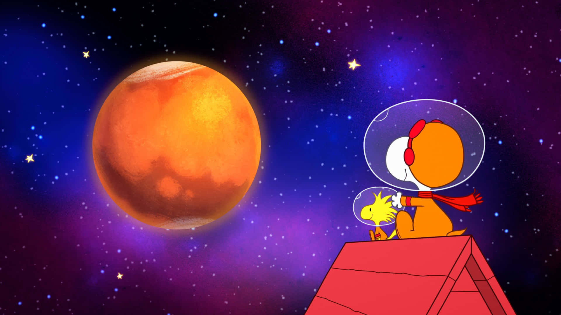 身穿太空衣的史努比和胡士托在星空下看著一顆紅色行星。
