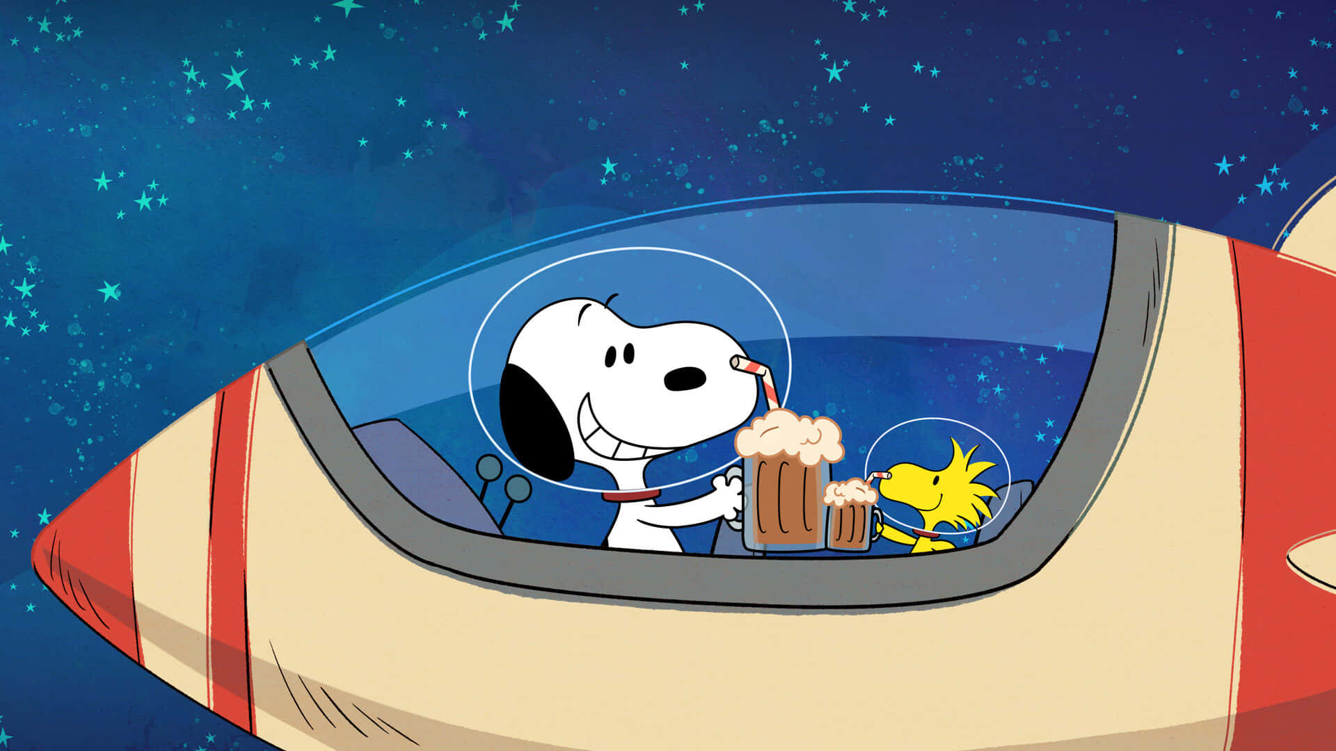 Snoopy Desktop 桌布 壁紙 — 史努比和胡士托在星夜中漂浮的火箭船裡喝啤酒。