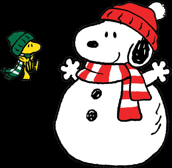 Snoopy 雪人冬季樂趣 壁紙 — 史努比打扮成雪人，戴紅色帽子和圍巾，站在一隻戴綠色帽子和圍巾的小黃鳥旁邊，背景為黑色。