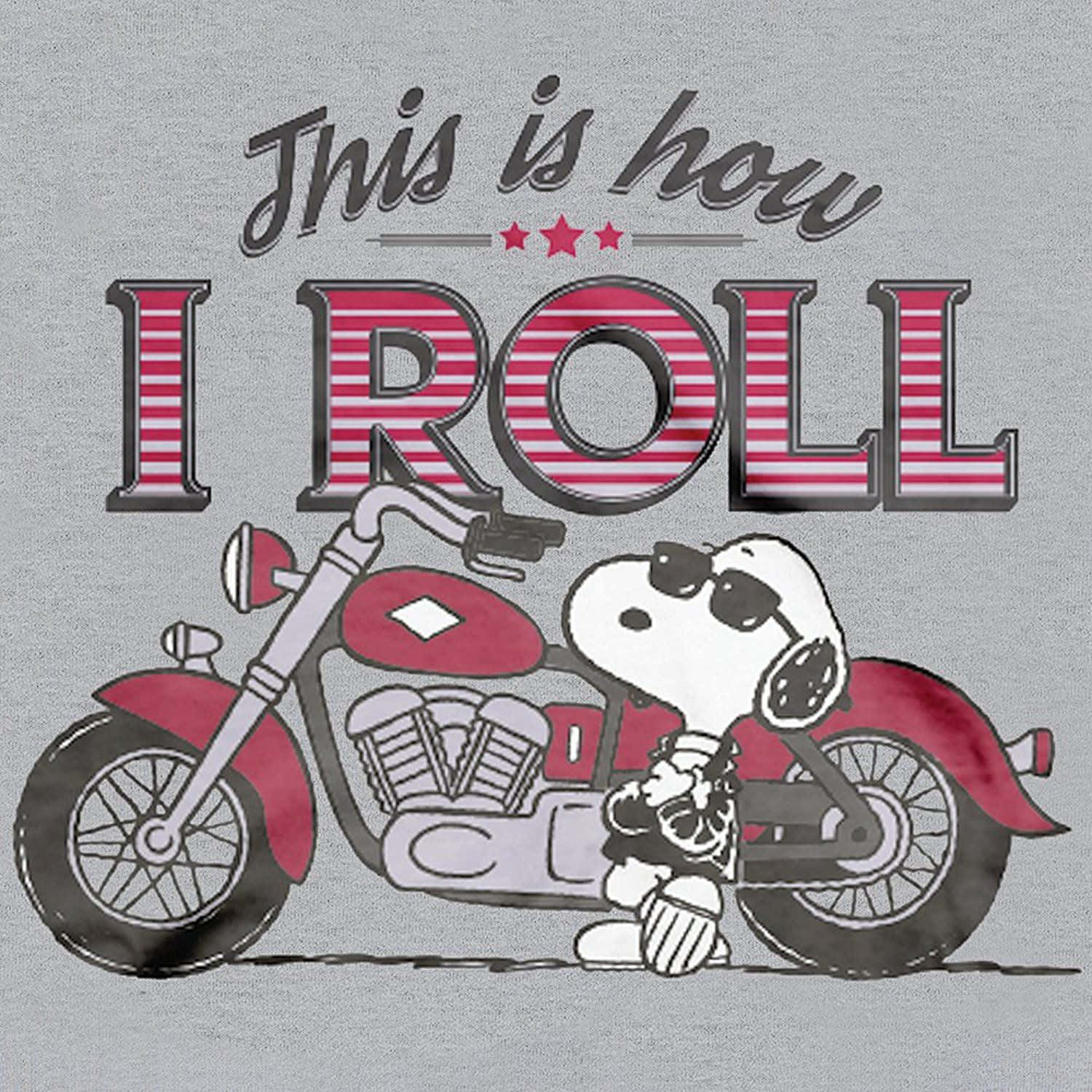 Snoopy 在紅色電單車上，帶有「This is how I ROLL」文字。