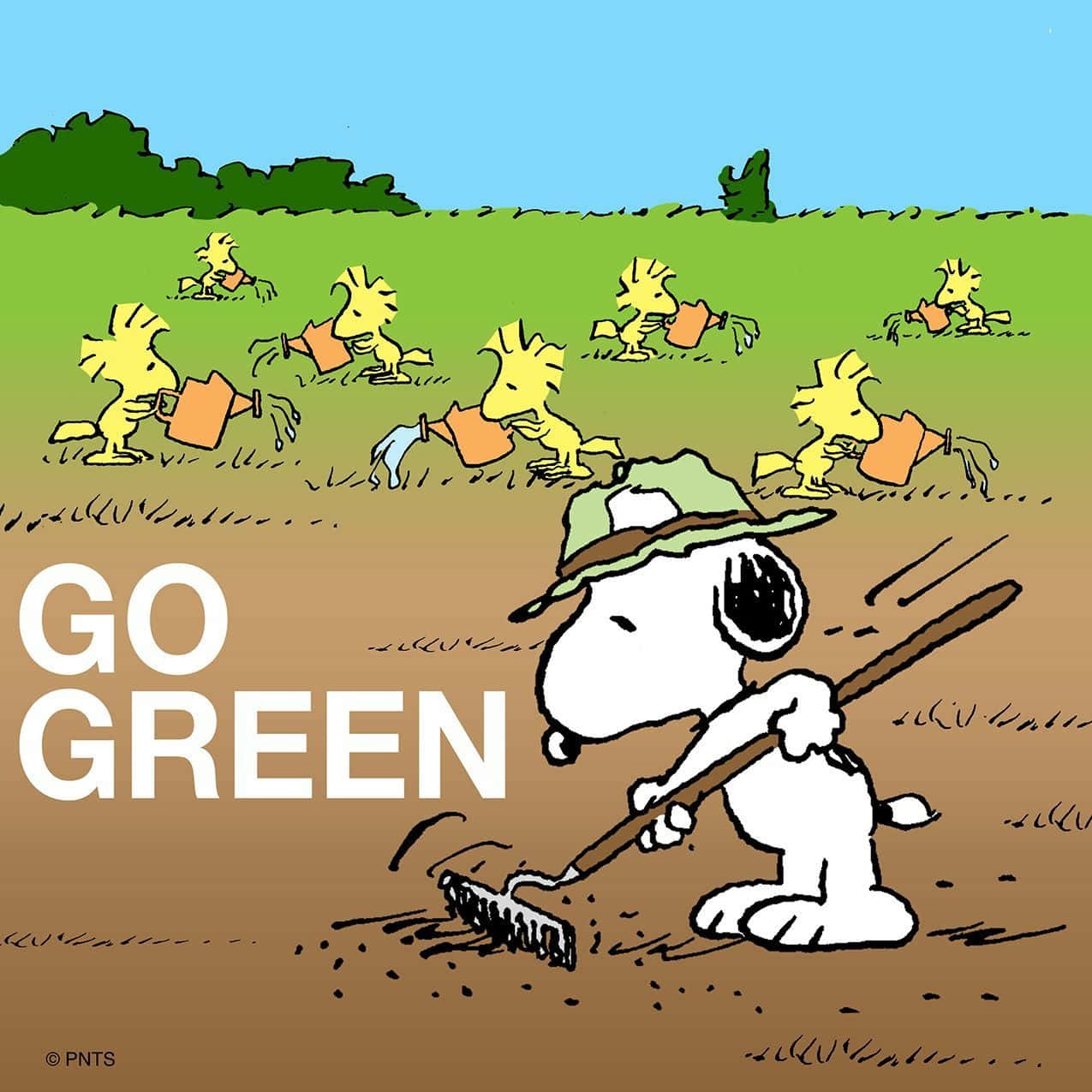 史努比同雀仔一齊做園藝，喺藍天下淋花，仲有「GO GREEN」字樣。