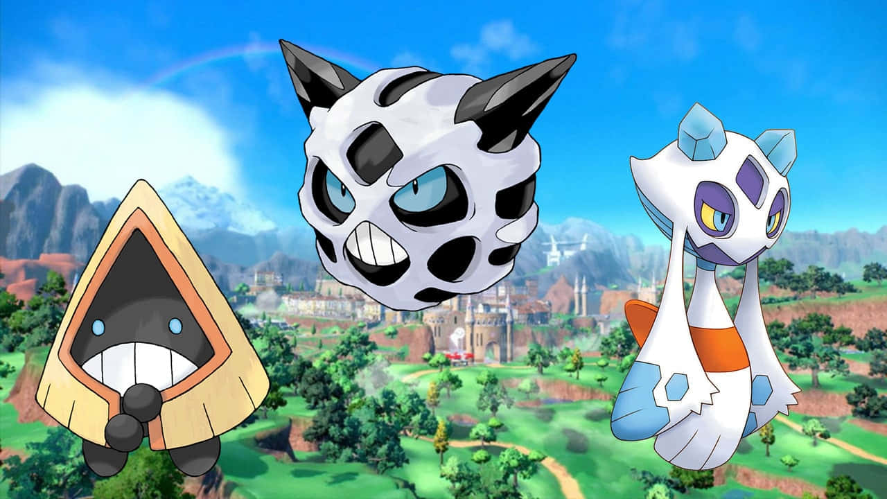Snorunt、Glalie與Froslass草地背景桌面壁紙 壁紙 — 三隻寶可夢漂浮在充滿活力的綠色山谷上空，遠處有山脈和城堡，在明亮的藍天下。