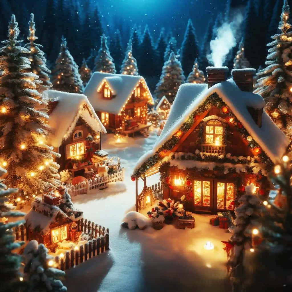  壁紙 — 白雪覆蓋著溫暖燈光閃爍的舒適小屋，在繁星點點的冬夜天空下。