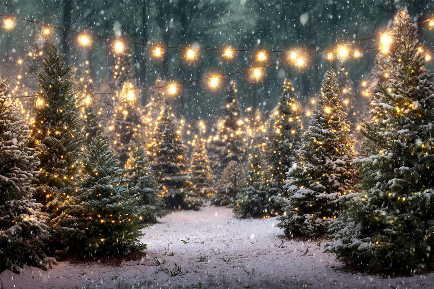  壁紙 — 白雪覆蓋常青樹，溫暖的串燈在寧靜的冬日森林中穿過飄落的雪花閃爍。