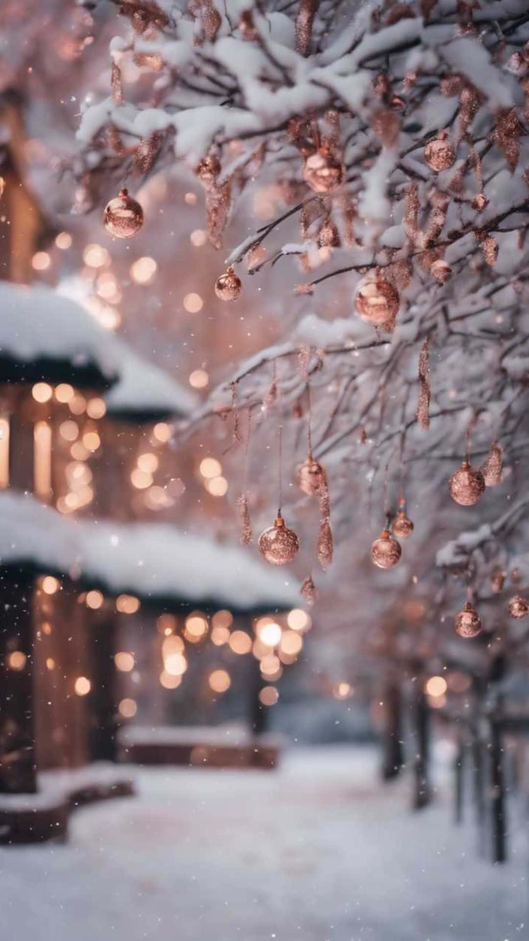  壁紙 — 白雪覆蓋著樹枝，樹枝上裝飾著發光的銅色飾品，背景是柔和燈光的冬日街道。