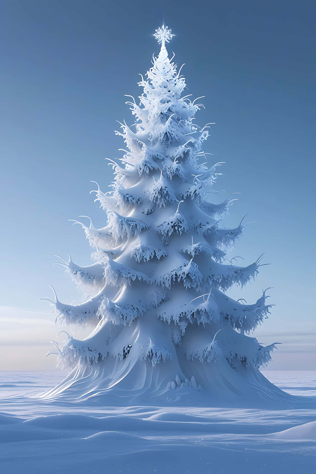 一棵積雪的松樹頂端有一顆閃爍的星星，矗立在冰封的風景中，天空清澈湛藍。
