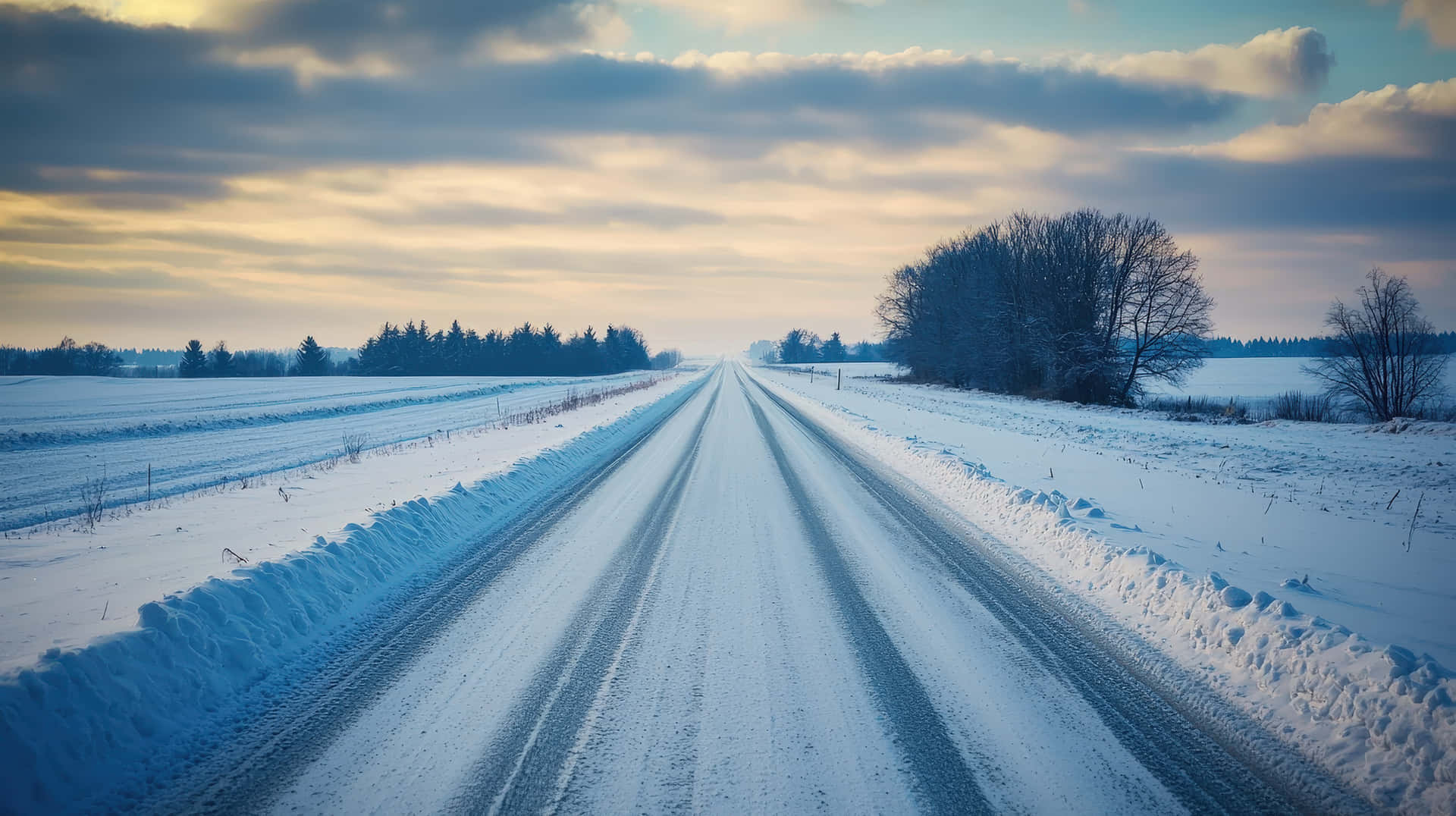 一條長長的雪路，兩旁是雪堆和光禿禿的樹木，在多雲的天空下，金色的日落光芒照耀著。