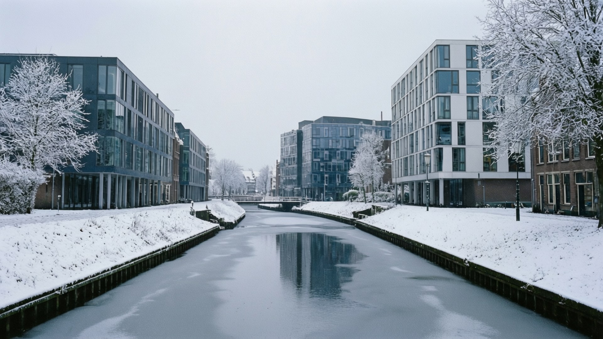 Almere 桌布 壁紙 — 一條被雪覆蓋的城市運河，兩旁是現代玻璃建築和結霜的樹木，在灰色的冬日天空下。