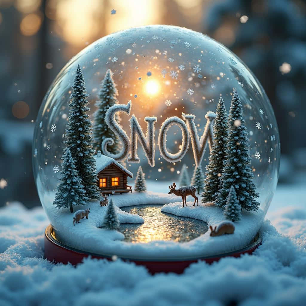  壁紙 — 一個雪球捕捉了一個舒適的冬季場景，有發光的小屋、鹿和白雪覆蓋的松樹，在溫暖的陽光下。