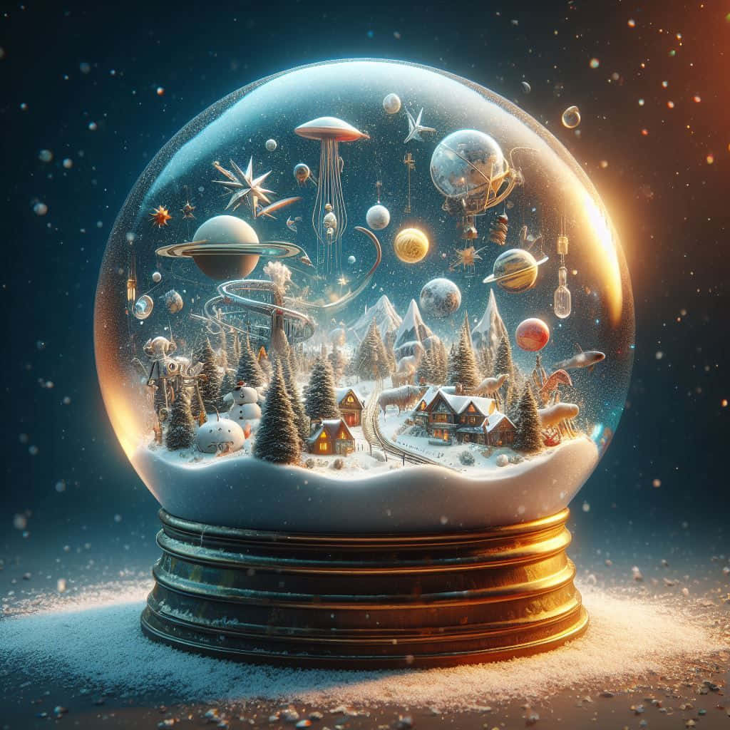  壁紙 — 一個雪球，內含一個雪村莊，有松樹和發光的房屋，周圍環繞著漂浮的行星和UFO，在星空下。