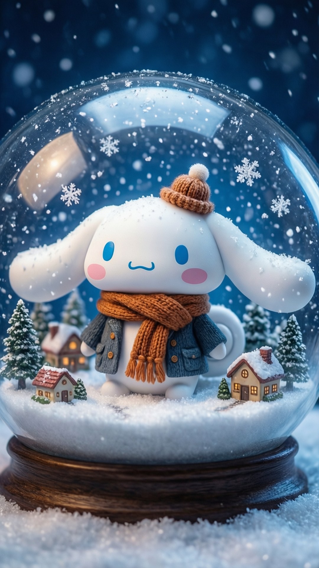 一個雪球，裡面有一隻戴著帽子和圍巾的白兔，周圍環繞著小小的雪屋和樹木。