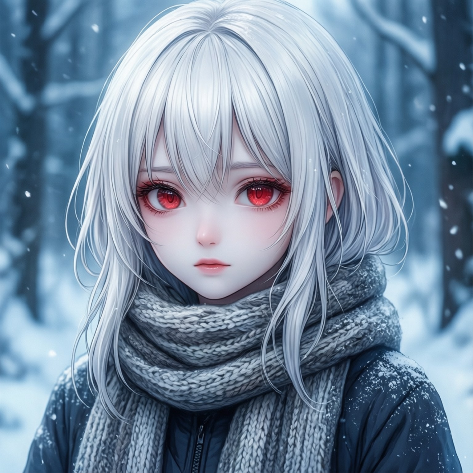 年輕動漫女孩銀髮紅眼在雪地森林戴圍巾