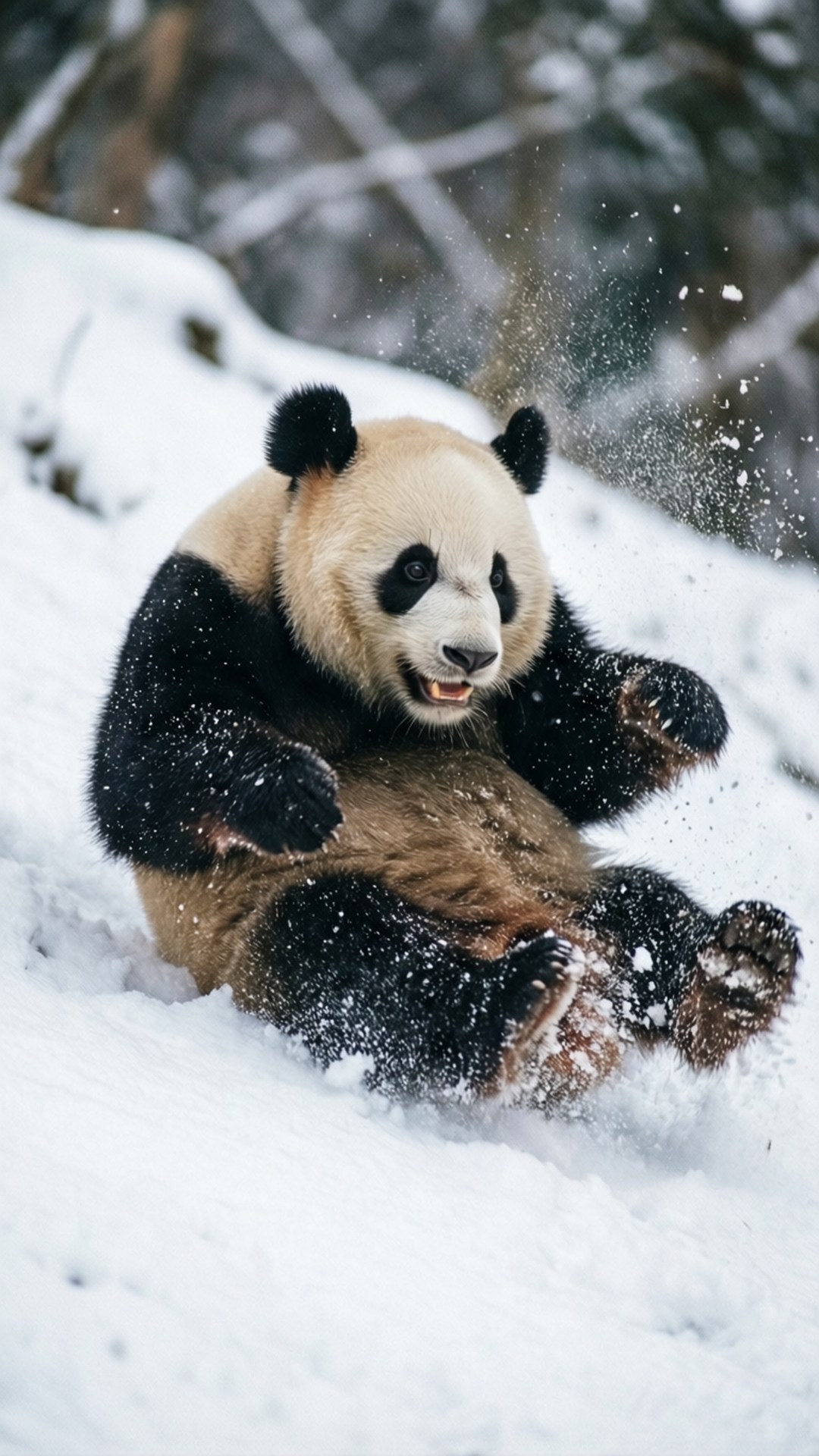 一隻大熊貓在雪中翻滾，雪花在周圍飛舞