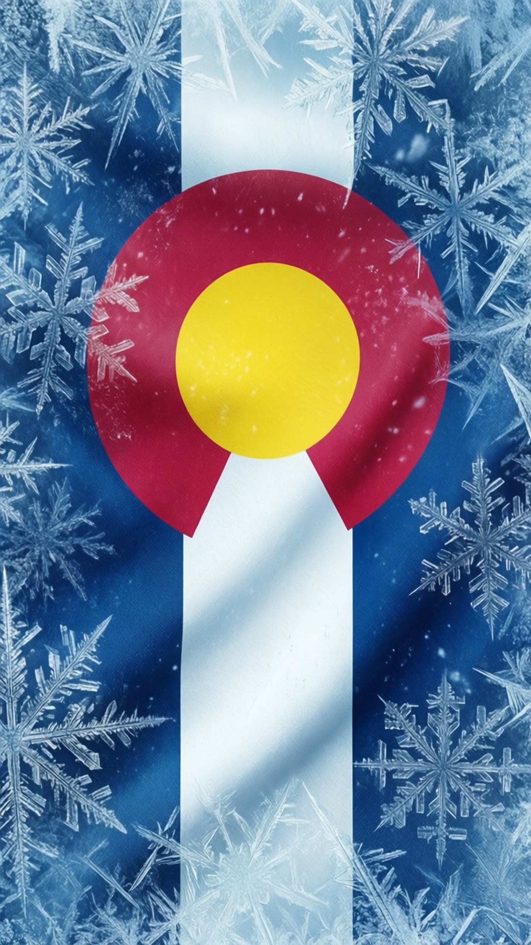 Snowflake Flag Winter 壁紙 — 科羅拉多州旗，藍色背景上白色條紋中央有紅色圓圈和黃色圓盤，上面覆蓋著複雜的霜雪花圖案。