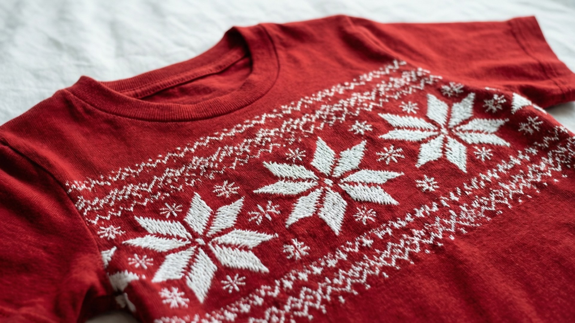 Red t-shirt with white snowflake embroidery pattern. 壁紙