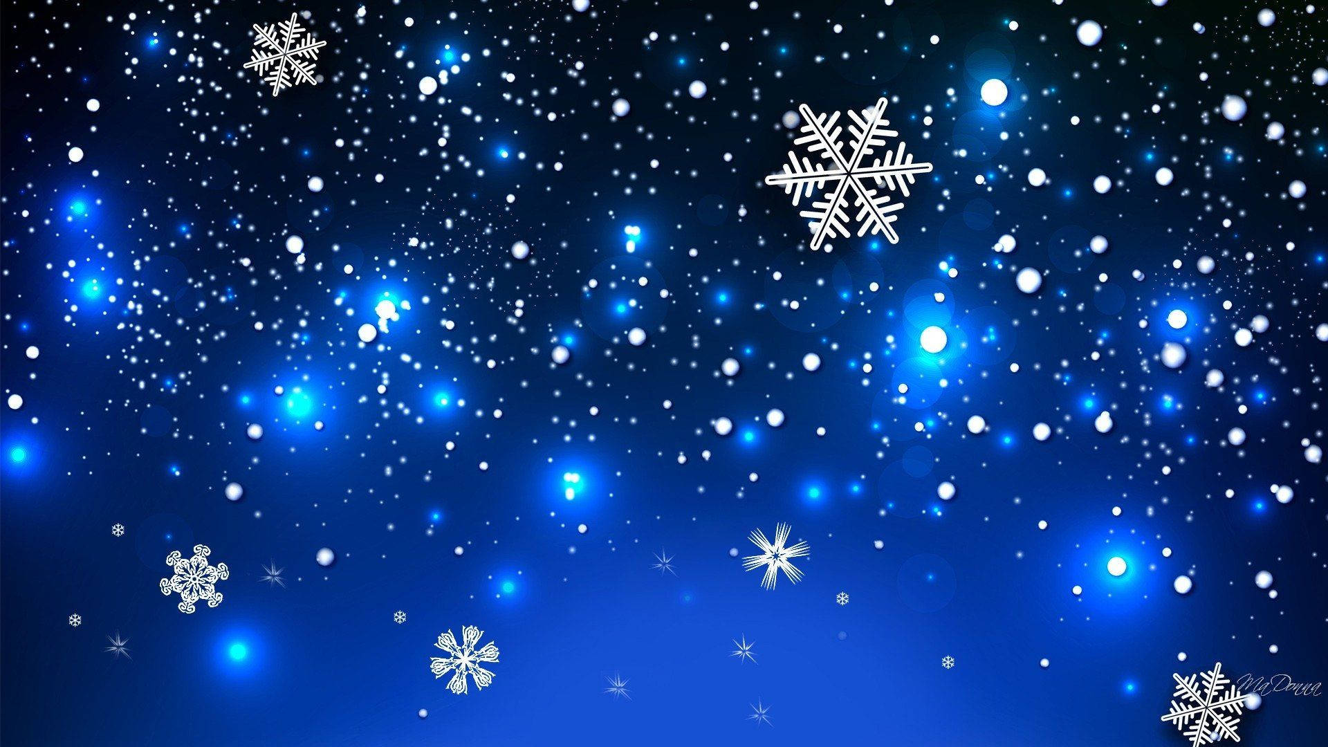 高清雪花背景 壁紙 — 雪花在繁星點點的藍色夜空中飄蕩，伴隨著發光的天體光芒。
