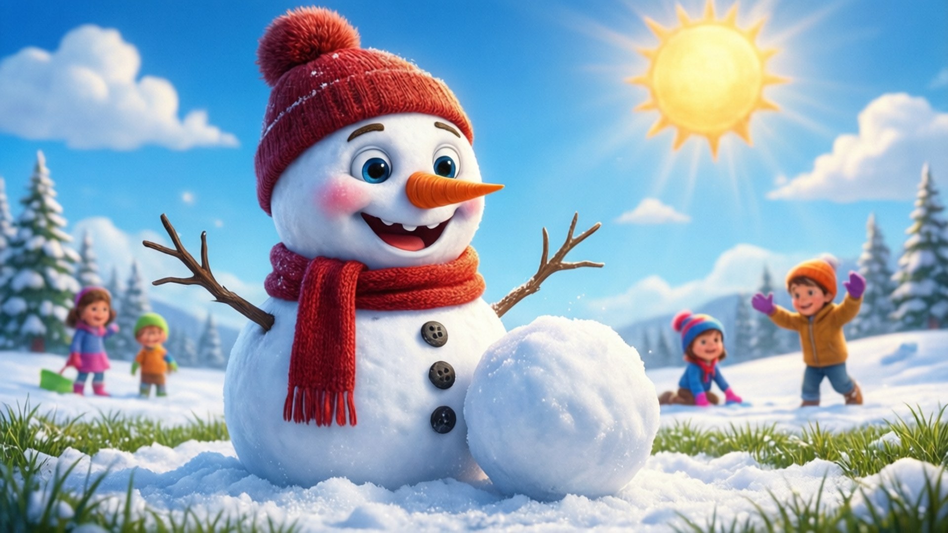 一個微笑的雪人戴著紅帽和圍巾站在雪地裡，背景中孩子們在明亮的陽光下玩耍。