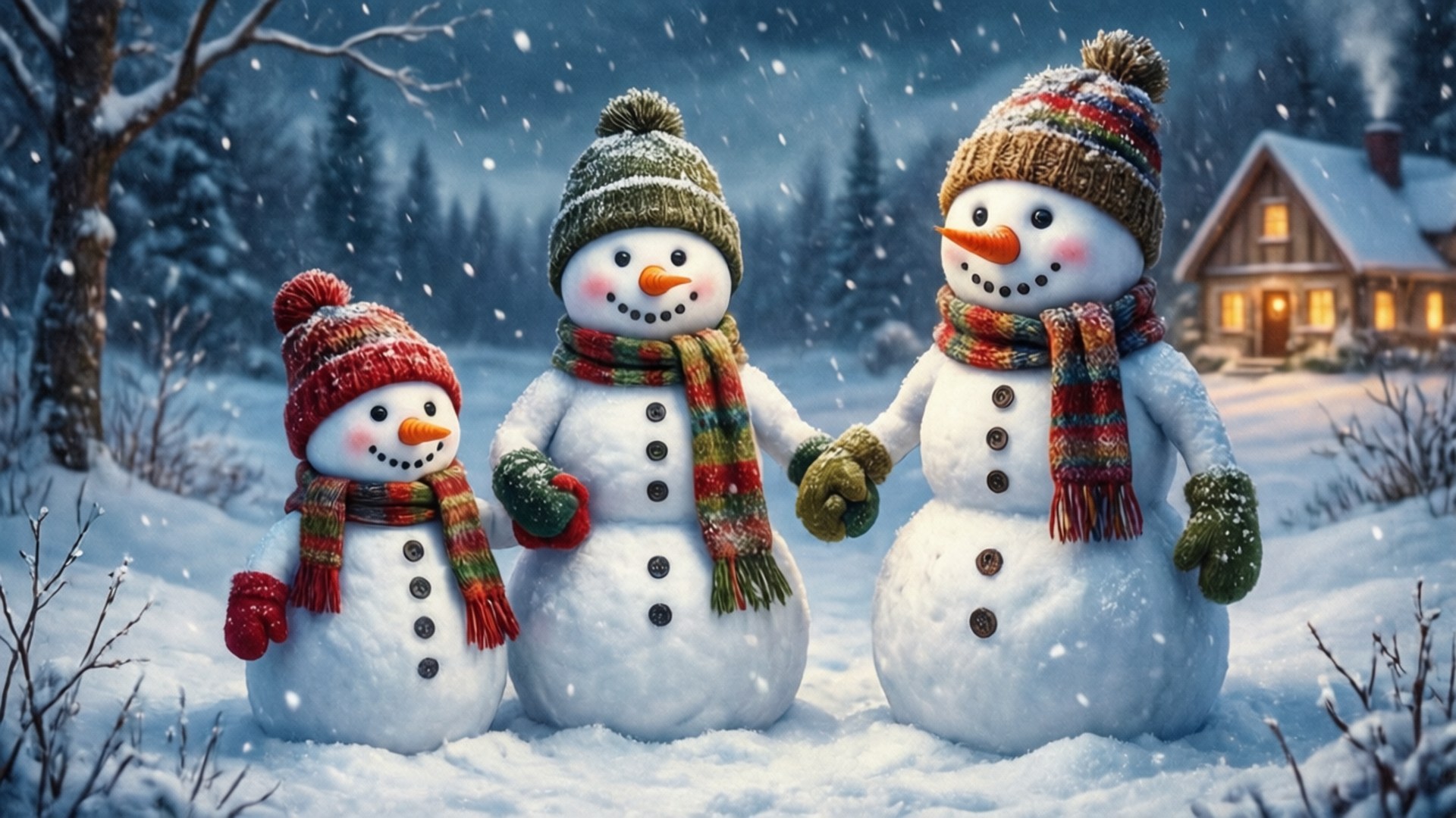 三個雪人戴著針織帽、圍巾和手套，站在亮燈小屋附近的雪地中