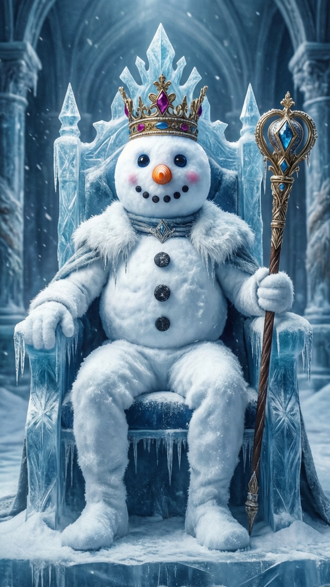 雪人國王坐在冰王座上，在雪地大教堂中手持權杖