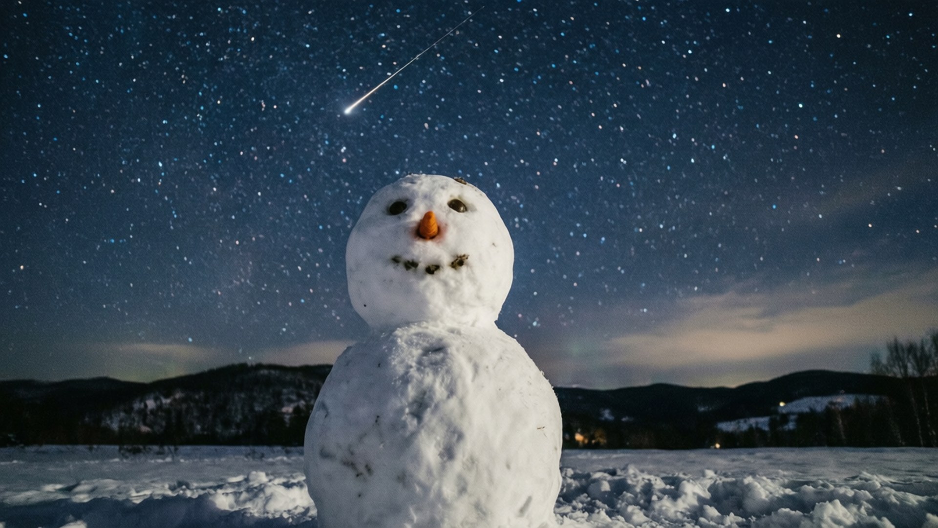 雪人在雪地裡，星空下，流星劃過
