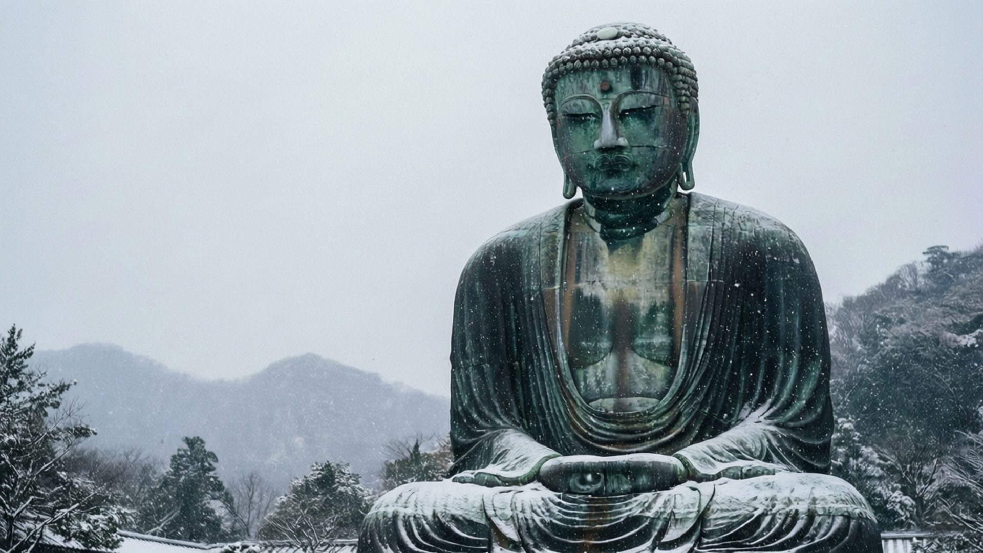 被雪覆蓋的大型銅佛像，背景是積雪的山脈