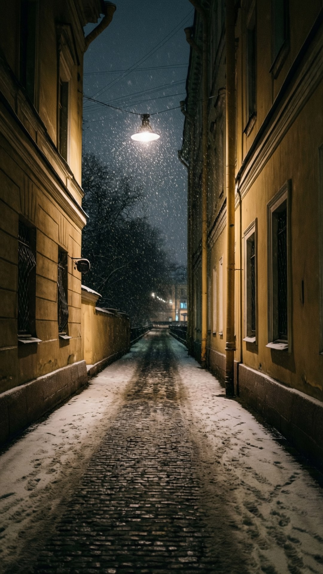 夜晚，在一盞路燈下，雪落在狹窄的鵝卵石小巷上。