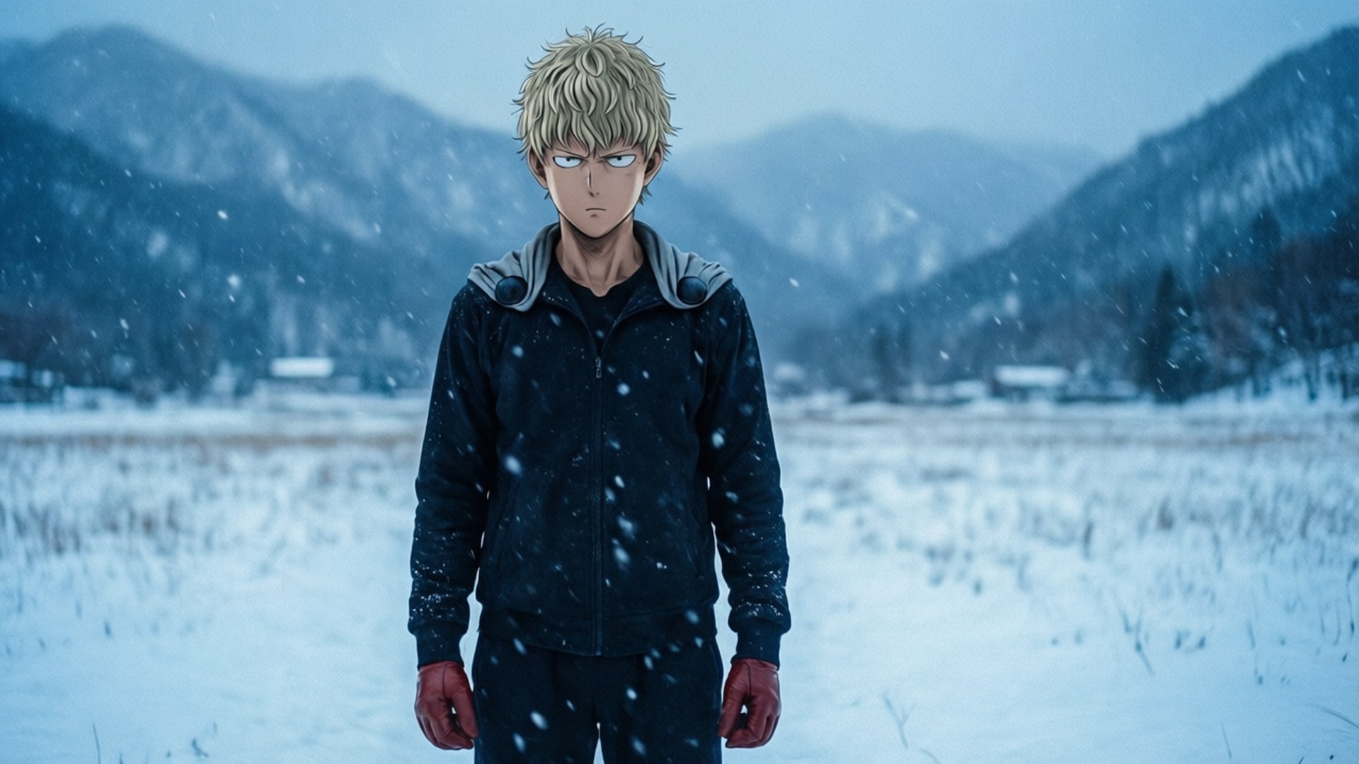 金髮動漫角色穿著深色連帽衫，站在雪地上，背後有山脈