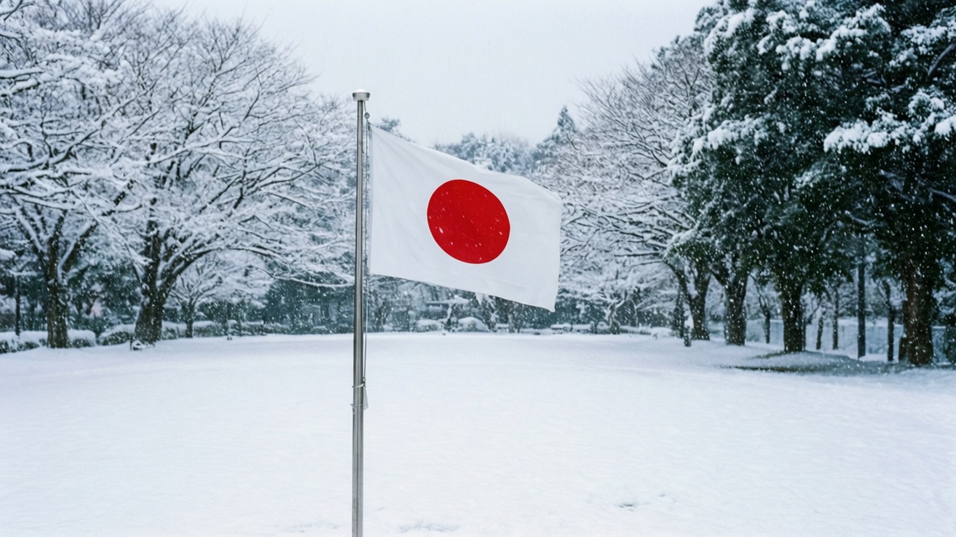 Snowy Flag Scene 壁紙 — 一面帶有紅色圓圈的日本國旗在白雪覆蓋的公園中飄揚，周圍是積雪的樹木，天空多雲。