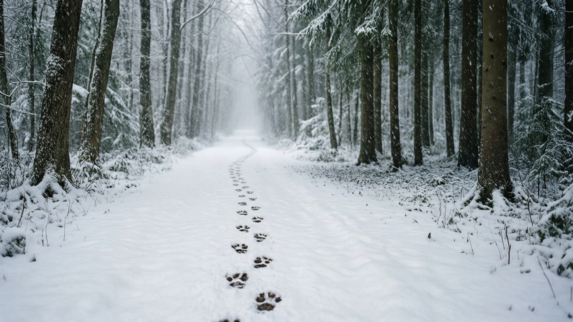 Snowy Forest Path 壁紙 — 一條被高樹環繞的雪地森林小徑，顯示出一串動物腳印通向霧濛濛的遠方。
