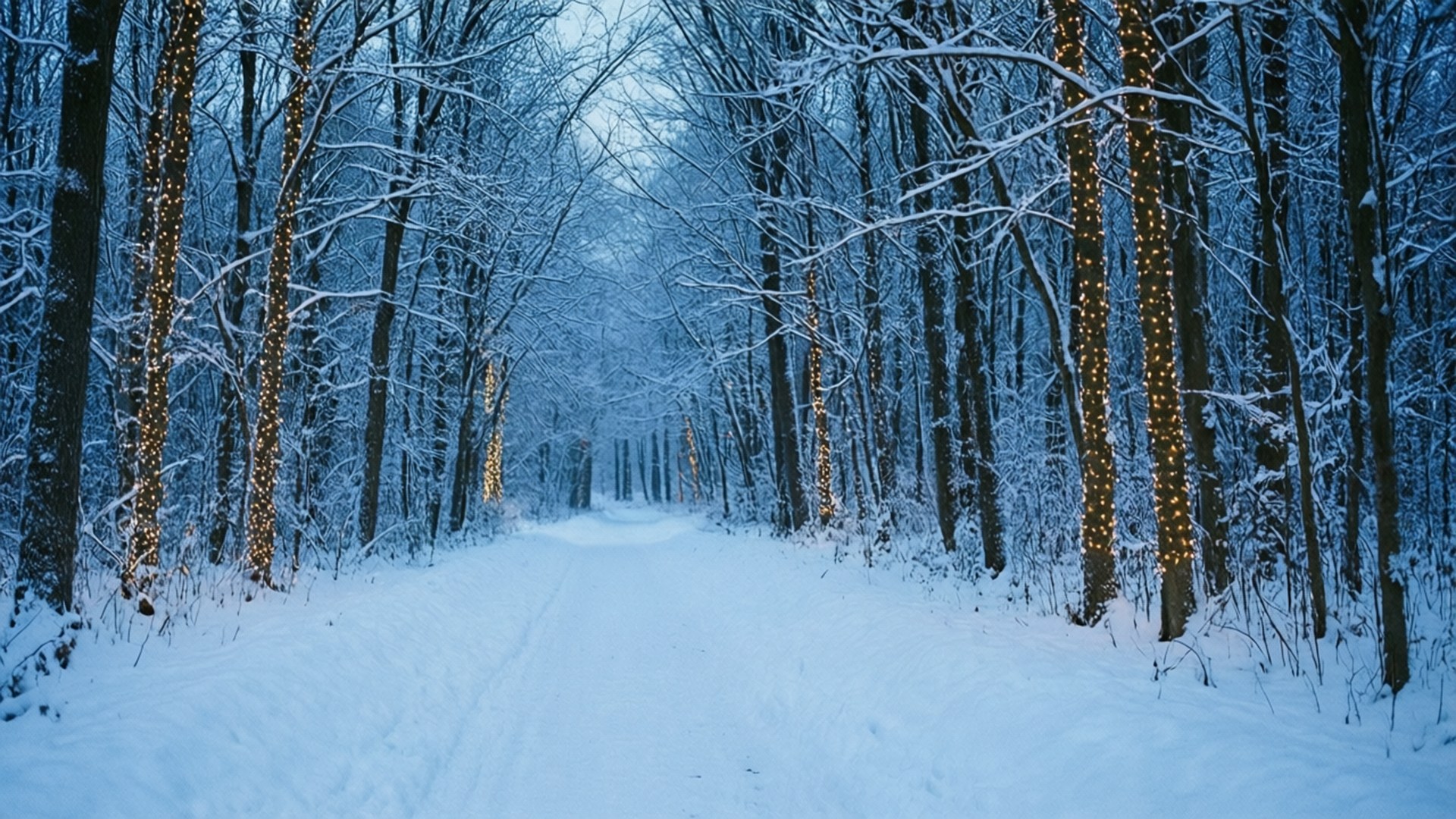 暮色中樹上掛著溫暖燈串的雪地森林小徑